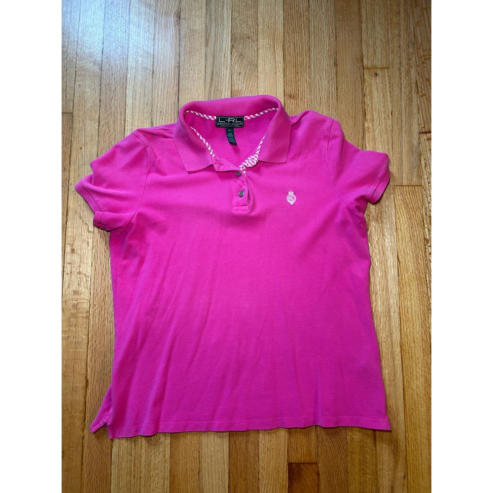Lauren Active Ralph Lauren Pink Gingham Trim Polo Shirt Women XL Short Sleeve